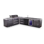 Mont Alpi 4-Burner L-Shaped Black Series Outdoor Kitchen Island with 90-Degree Beverage Center and XL Extra Drawer Slides Cabinet