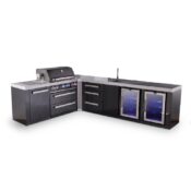 Mont Alpi 4-Burner Black Stainless Steel Island with 90-Degree Corner, Beverage Center and Fridge Cabinet plus Extra 3-Drawer Cabinet