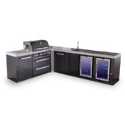 Mont Alpi 4-Burner Black Stainless Steel Island with 90-Degree Corner, Beverage Center and Fridge Cabinet plus Extra Storage Cabinet