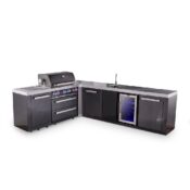 Mont Alpi 4-Burner L-Shaped Black Series Outdoor Kitchen Island with 90-Degree Beverage Center and XL Extra Storage Cabinet
