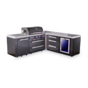 Mont Alpi 4-Burner L-Shaped Black Series Outdoor Kitchen Island with 90-Degree Corner, Fridge Module and XL Extra Drawer Slides Cabinet
