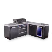 Mont Alpi 4-Burner L-Shaped Black Series Outdoor Kitchen Island with 90-Degree Corner, Fridge Module and XL Extra Storage Cabinet