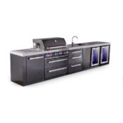 Mont Alpi 4-Burner Black Series Outdoor Kitchen Island with Beverage Center, Fridge Module and XL Extra Drawer Slides Cabinet