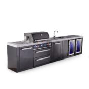 Mont Alpi 4-Burner Black Series Outdoor Kitchen Island with Beverage Center, Fridge Module and XL Extra Storage Cabinet