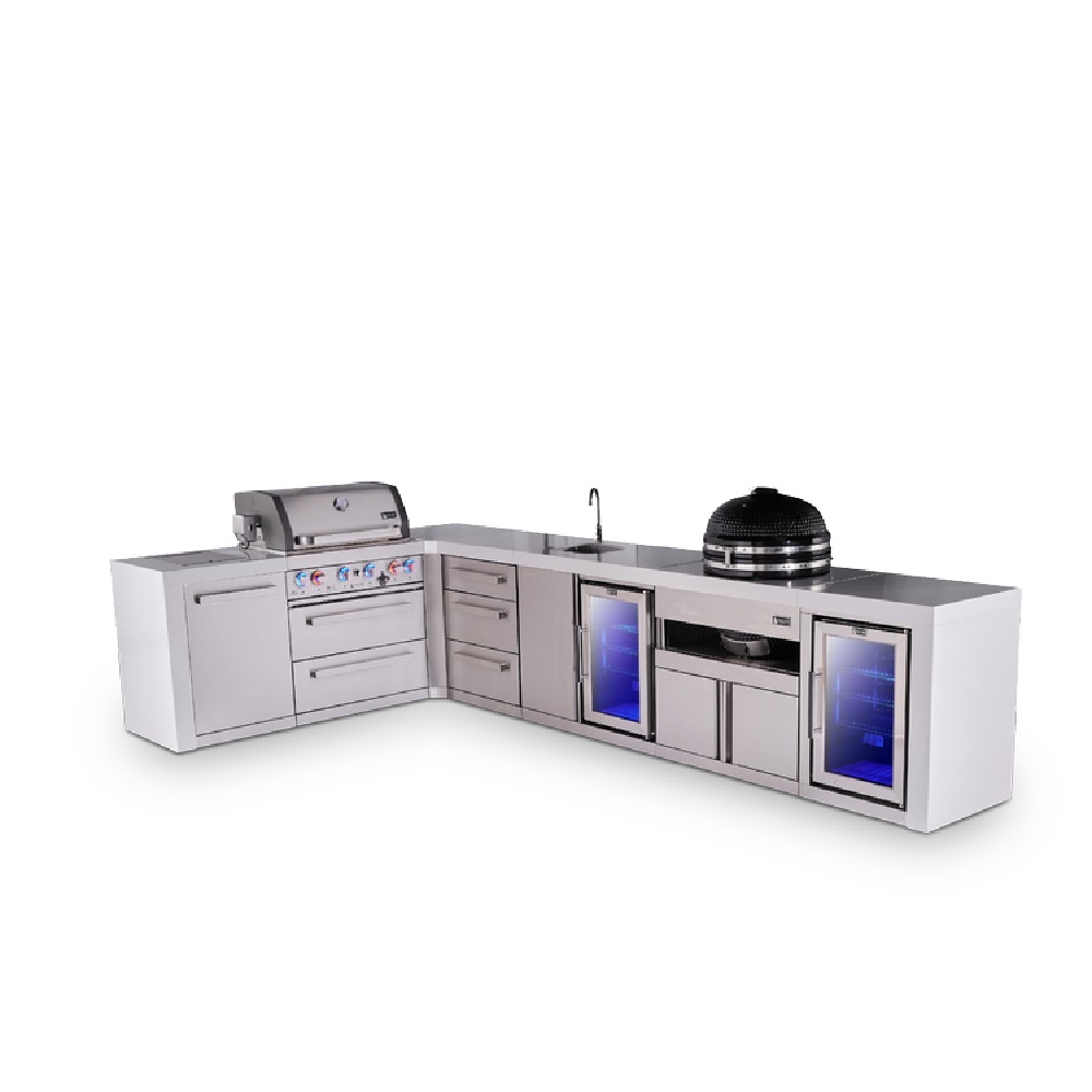 Mont Alpi 4-Burner L-Shaped Deluxe Outdoor Kitchen Island with Beverage Center, Kamado and Corner Fridge Module Plus Extra Drawer Slides Cabinet