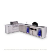 Mont Alpi 4-Burner L-Shaped Deluxe Series Outdoor Kitchen Island with Beverage Center, Kamado and Corner Fridge Module Plus Extra Storage Cabinet