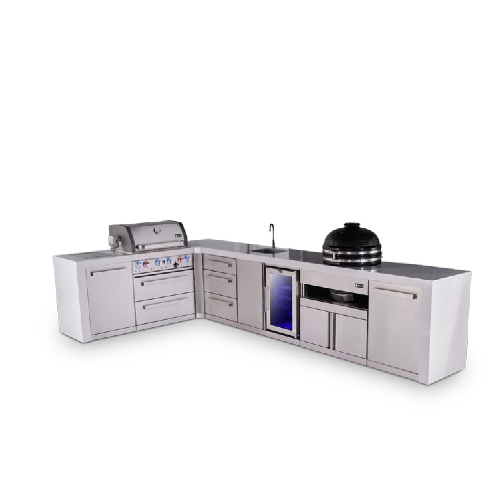 Mont Alpi 4-burner L-shaped Deluxe Series outdoor kitchen island with beverage center and kamado plus extra drawer slides