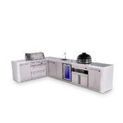 Mont Alpi 4-Burner L-Shaped Deluxe Series Outdoor Kitchen Island with Beverage Center and Kamado Module Plus Extra Storage Cabinet