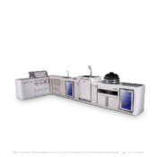 Mont Alpi 4-burner L-shaped Deluxe Series outdoor kitchen island with beverage center, kegerator, kamado and corner fridge module plus extra drawer slides cabinet