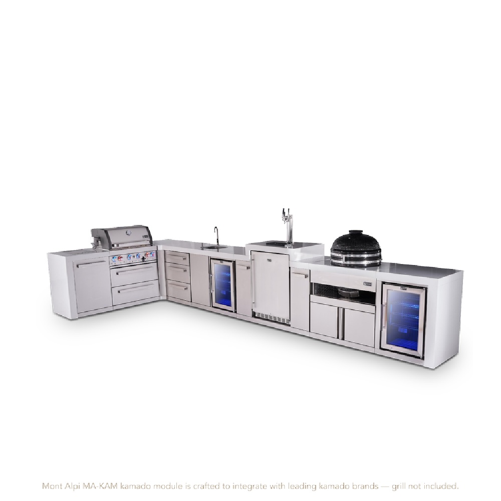 Mont Alpi 4-burner L-shaped Deluxe Series outdoor kitchen island with beverage center, kegerator, kamado and corner fridge module plus extra drawer slides cabinet