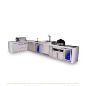 Mont Alpi 4-burner L-shaped deluxe series outdoor kitchen island with beverage center, kegerator, kamado and corner fridge module plus extra storage cabinet