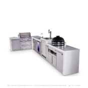 Mont Alpi 4-Burner L-Shaped Deluxe Series Outdoor Kitchen Island with Beverage Center, Kegerator, Kamado Module, and Extra Drawer Slides Cabinet