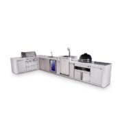 Mont Alpi 4-Burner L-Shaped Deluxe Series Outdoor Kitchen Island with Beverage Center, Kegerator, Kamado Module and Extra Storage Cabinet