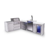 Mont Alpi 4-Burner L-Shaped Deluxe Series Outdoor Kitchen Island with Kegerator and Corner Fridge Module plus Extra Drawer Slides Cabinet