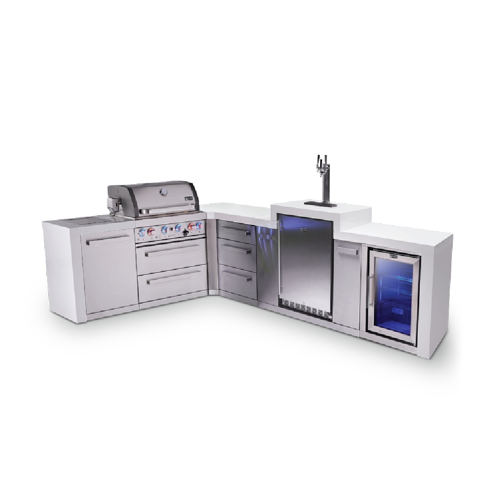 Mont Alpi 4-Burner L-Shaped Deluxe Series Outdoor Kitchen Island with Kegerator and Corner Fridge Module plus Extra Drawer Slides Cabinet