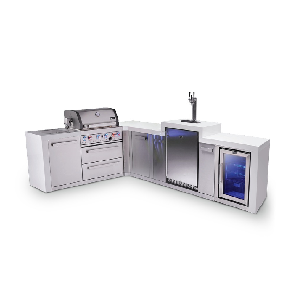 Mont Alpi 4-Burner L-Shaped Deluxe Series Outdoor Kitchen Island with Kegerator and Corner Fridge Module plus Extra Storage Cabinet