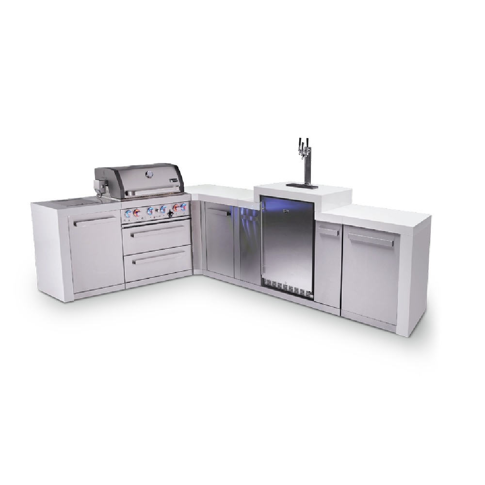 Mont Alpi 4-Burner L-Shaped Deluxe Series Outdoor Kitchen Island with Kegerator plus Extra Storage Cabinet