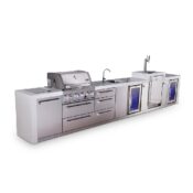 Mont Alpi 4-Burner Deluxe Series Outdoor Kitchen Island with Beverage Center, Kegerator and Corner Fridge Module plus Extra Drawer Slides Cabinet