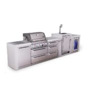 Mont Alpi 4-Burner Deluxe Series Outdoor Kitchen Island with Kegerator and Corner Fridge Module plus Extra Drawer Slides Cabinet