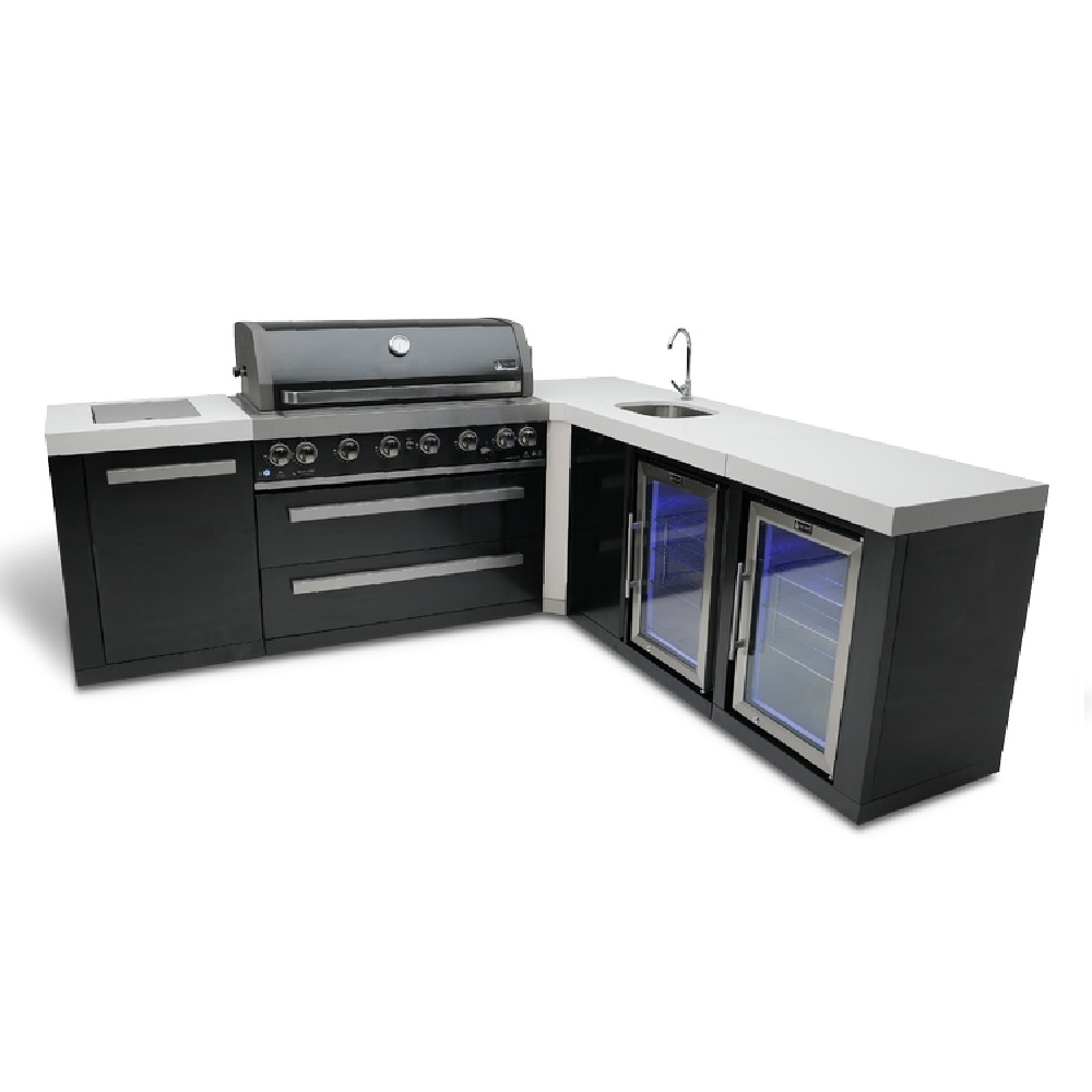 Mont Alpi 805 Black Stainless Steel Island featuring a 90-degree corner, beverage center, and fridge cabinet