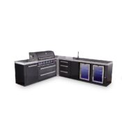 Mont Alpi 6-Burner L-Shaped Black Series Outdoor Kitchen Island with Beverage Center, Corner Fridge & Extra Drawer Slides Cabinet