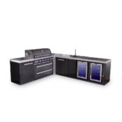 Mont Alpi 6-Burner L-Shaped Black Series Outdoor Kitchen Island with Beverage Center, Corner Fridge & XL Extra Storage Cabinet