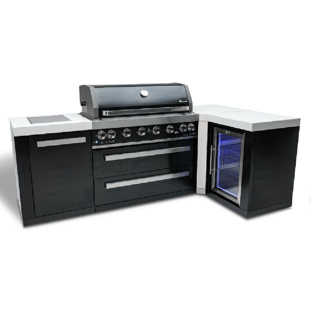 Mont Alpi Black Stainless Steel Island, featuring a 90-degree corner and a fridge cabinet
