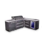Mont Alpi 6-Burner L-Shaped Black Series Outdoor Kitchen Island with Corner Fridge & Extra Drawer Slides Cabinet