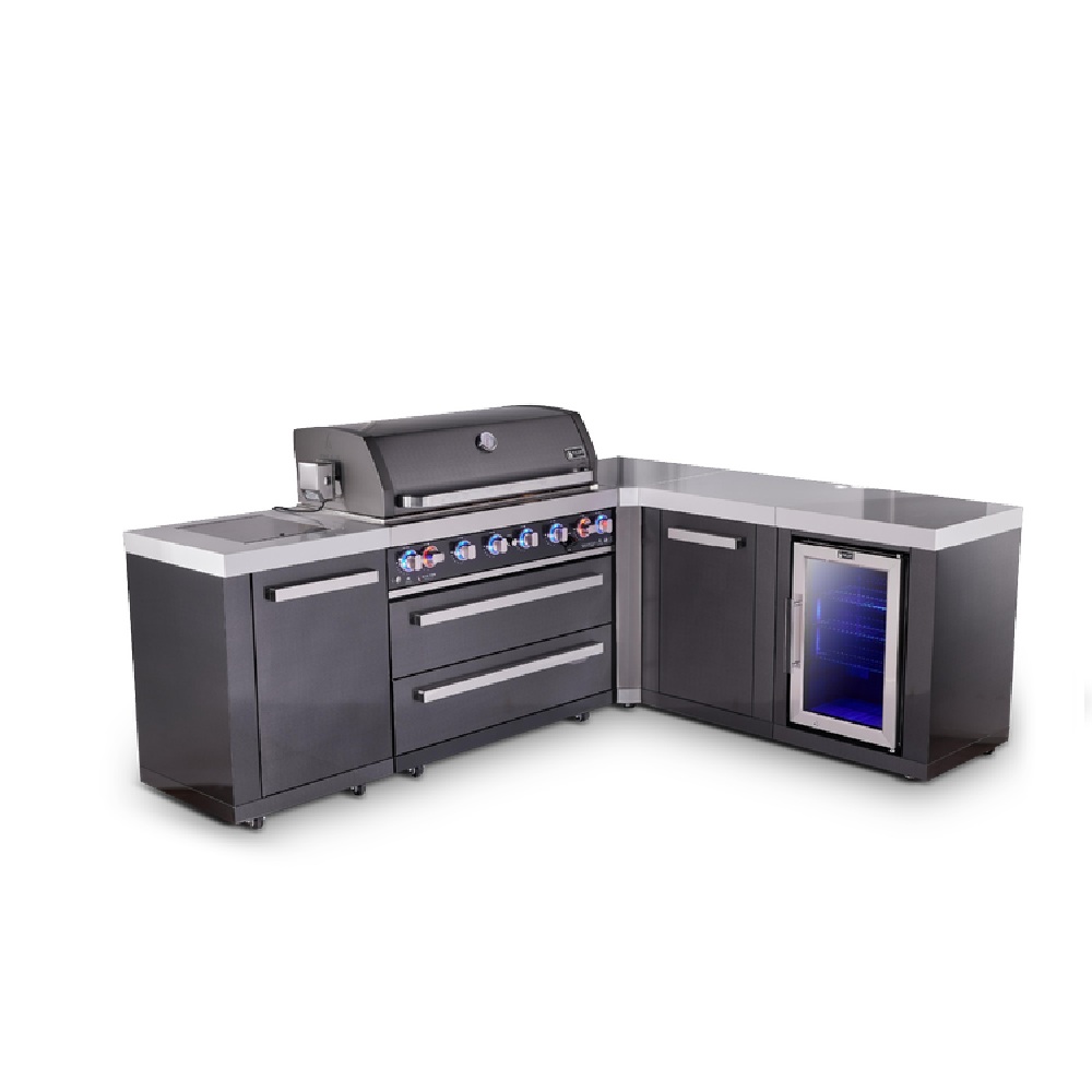 Mont Alpi 6-Burner L-Shaped Black Series Outdoor Kitchen Island with Extra Storage Cabinet and Corner Fridge Module