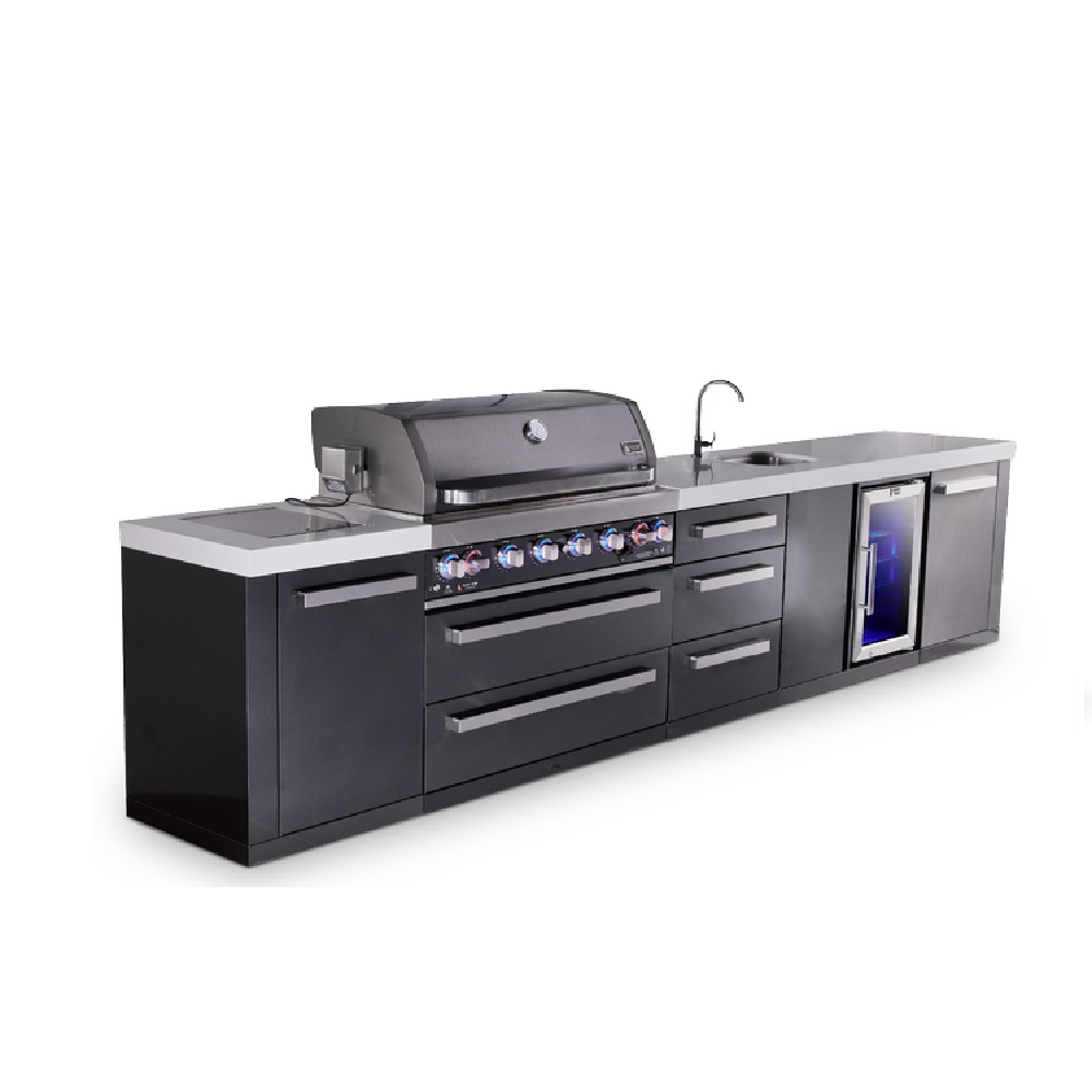 Mont Alpi 6-Burner Black Series Outdoor Kitchen Island with Beverage Center & Extra Drawer Slides Cabinet