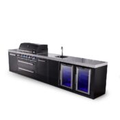 Mont Alpi 6-Burner Black Series Outdoor Kitchen Island with Beverage Center, Corner Fridge Module & Extra Storage Cabinet