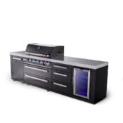 Mont Alpi 6-Burner Black Series Outdoor Kitchen Island with Extra Storage Cabinet and Corner Fridge Module