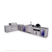 Mont Alpi 6-Burner L-Shaped Deluxe Series Outdoor Kitchen Island with Beverage Center, Kegerator, Kamado & Corner Fridge Module plus Extra Drawer Slides Cabinet