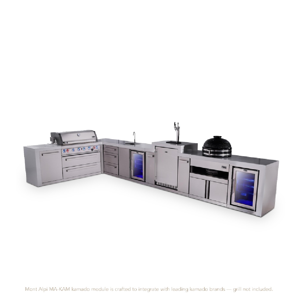 Mont Alpi 6-Burner L-Shaped Deluxe Series Outdoor Kitchen Island with Beverage Center, Kegerator, Kamado & Corner Fridge Module plus Extra Drawer Slides Cabinet