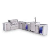 Mont Alpi 6-Burner L-Shaped Deluxe Series Outdoor Kitchen Island with Beverage Center, Kegerator and Corner Fridge Module plus Extra Storage Cabinet