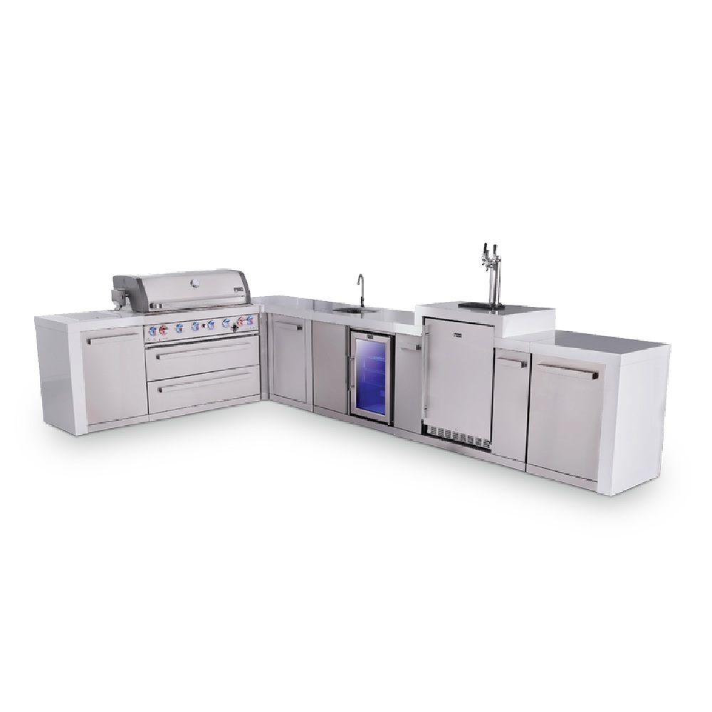 Mont Alpi 6-Burner L-Shaped Deluxe Series Outdoor Kitchen Island with Beverage Center and Kegerator plus Extra Storage Cabinet