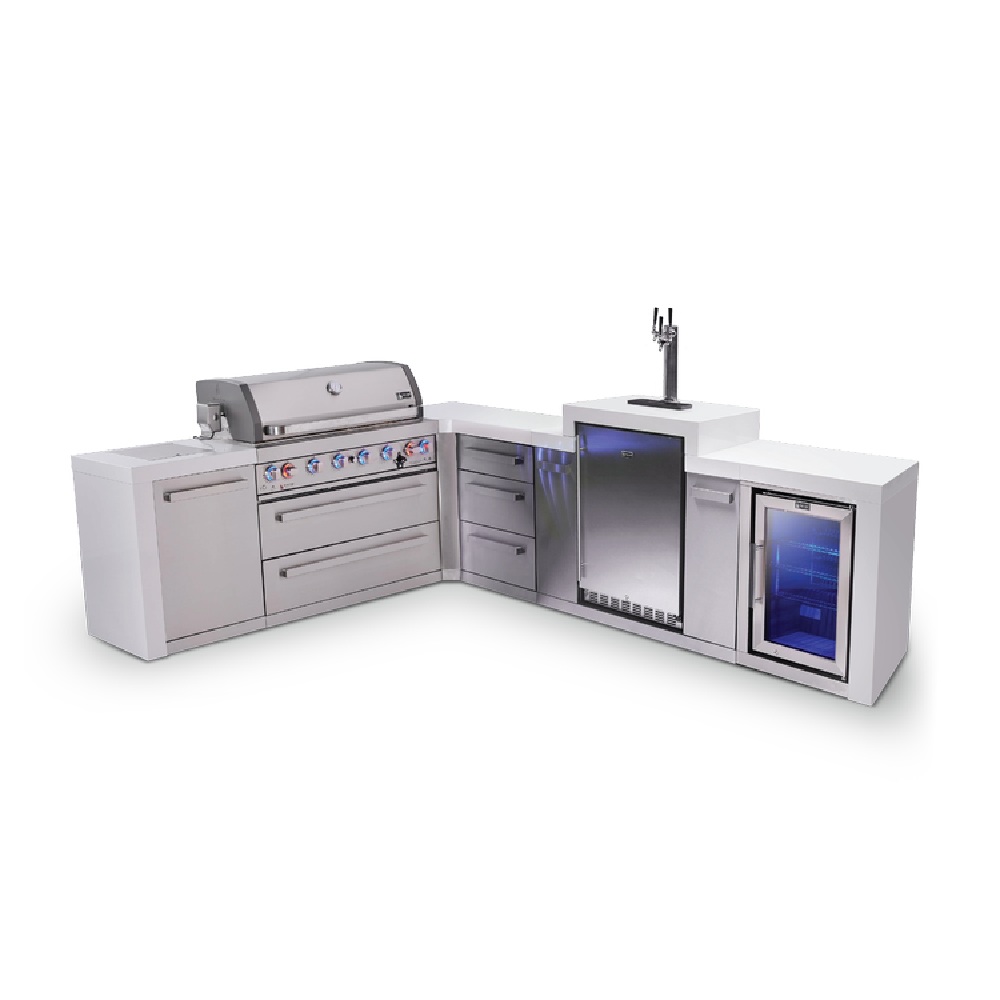 Mont Alpi 6-Burner L-Shaped Deluxe Series Outdoor Kitchen Island with Kegerator and Corner Fridge Module plus Extra Drawer Slides Cabinet