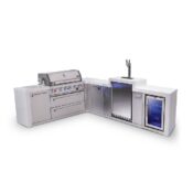 Mont Alpi 6-Burner L-Shaped Deluxe Series Outdoor Kitchen Island with Kegerator and Corner Fridge Module plus Extra Storage Cabinet