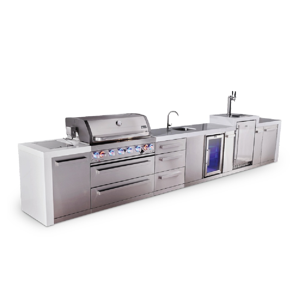 Mont Alpi 6-Burner Deluxe Series Outdoor Kitchen Island with Beverage Center and Kegerator plus Extra Drawer Slides Cabinet