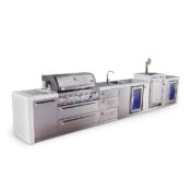 Mont Alpi 6-Burner Deluxe Series Outdoor Kitchen Island with Beverage Center, Kegerator and Corner Fridge Module plus Extra Drawer Slides Cabinet