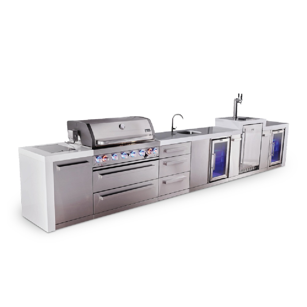 Mont Alpi 6-Burner Deluxe Series Outdoor Kitchen Island with Beverage Center, Kegerator and Corner Fridge Module plus Extra Drawer Slides Cabinet