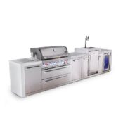 Mont Alpi 6-Burner Deluxe Series Outdoor Kitchen Island with Kegerator and Corner Fridge Module plus Extra Storage Cabinet